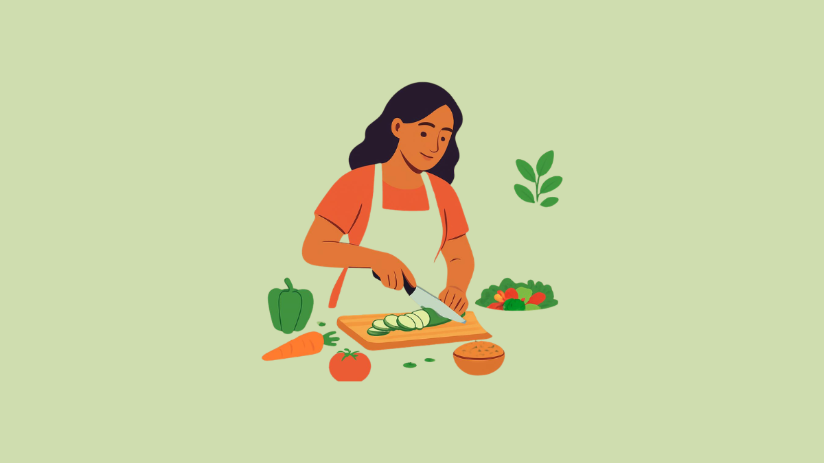 A person in a sunny kitchen preparing a healthy meal, featuring fresh vegetables and whole grains for diabetes management.