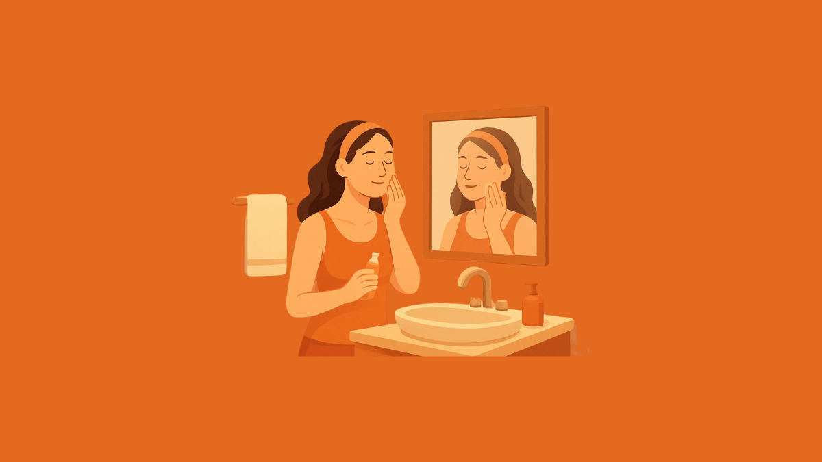 A person in a bright, calm bathroom applying skincare, symbolizing self-care for stress-affected skin.
