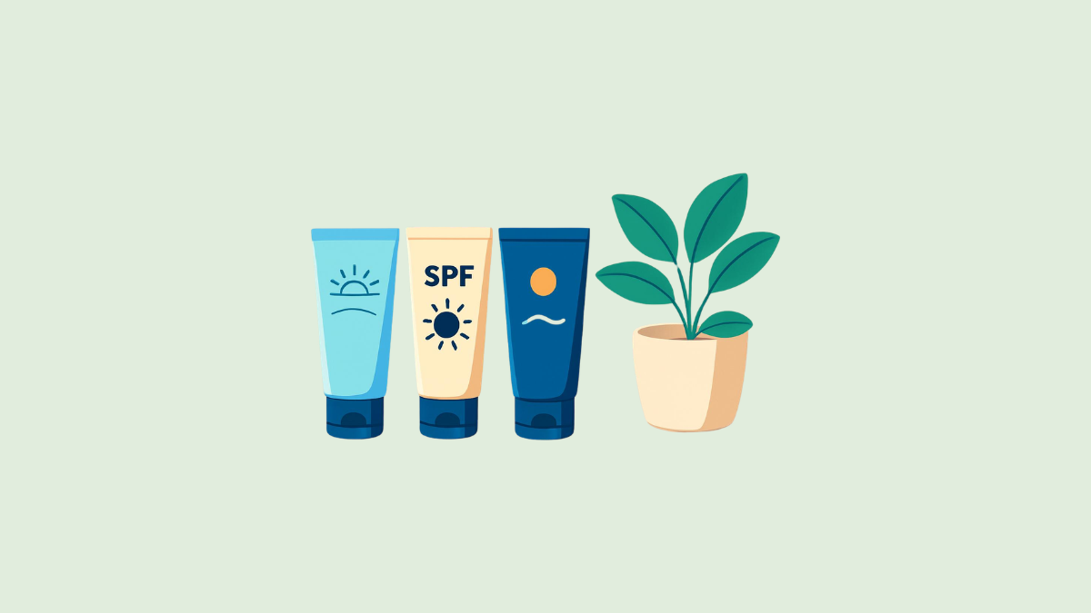 Several tubes of Korean sunscreen on a bright bathroom counter with a plant, bathed in natural light.