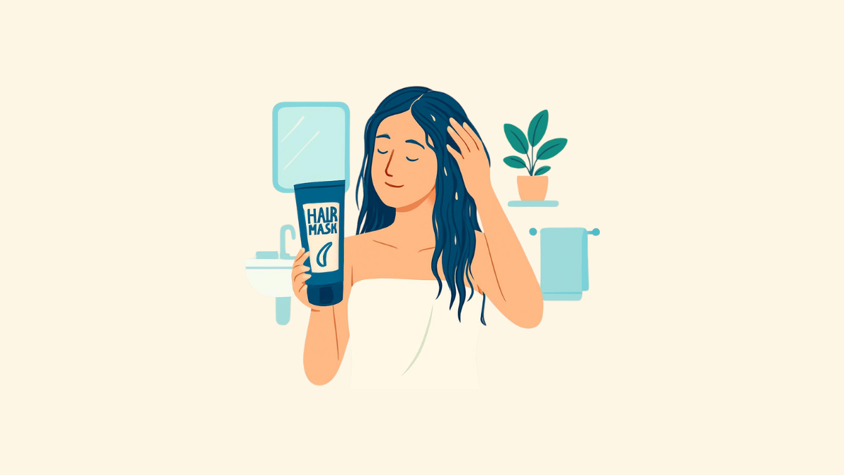 A woman with damp hair applying a hair mask in a bright, clean bathroom setting to combat frizz.