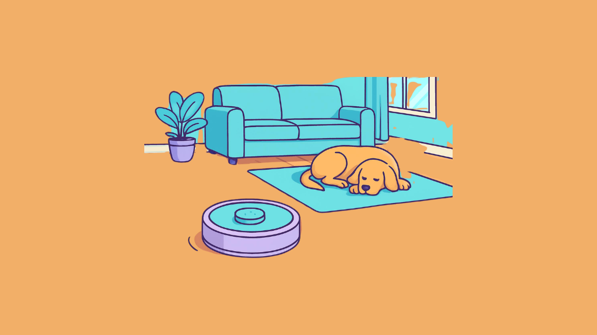 A robot vacuum cleaning a clean hardwood floor near a dog napping on a rug in a bright living room.