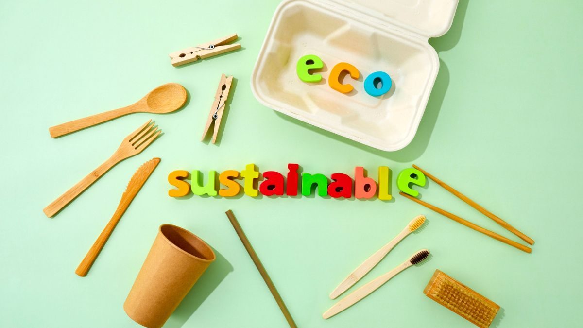 A close-up of beautifully arranged sustainable beauty products in a bright, clean studio, emphasizing eco-friendly packaging.
